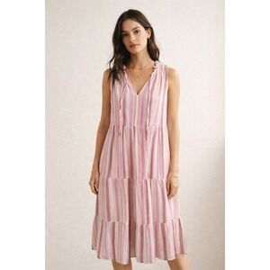 LOFT Pink Feminine Striped Tiered Midi Dress Sleeveless Ruffle‎ Neck XS
